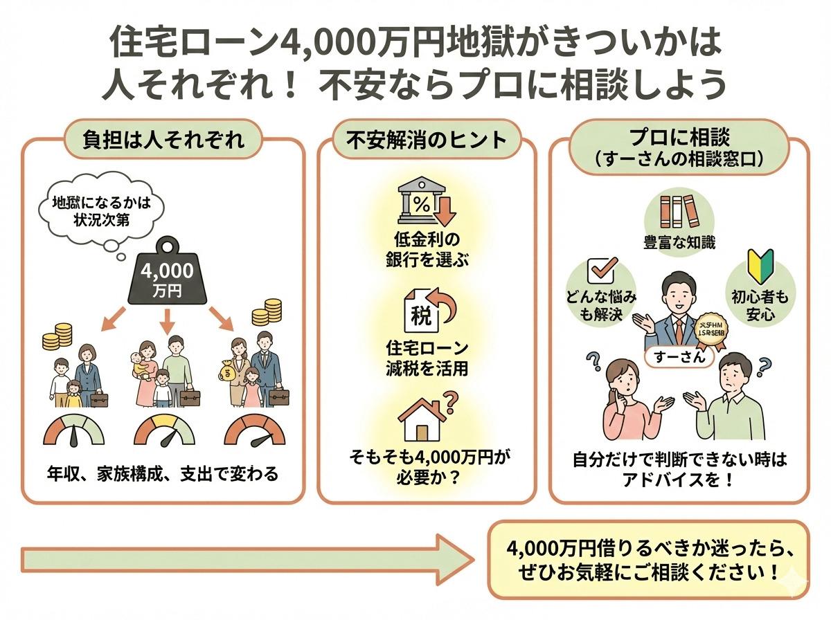 住宅ローン4,000万円地獄がきついかは人それぞれ!不安ならプロに相談しようの図解