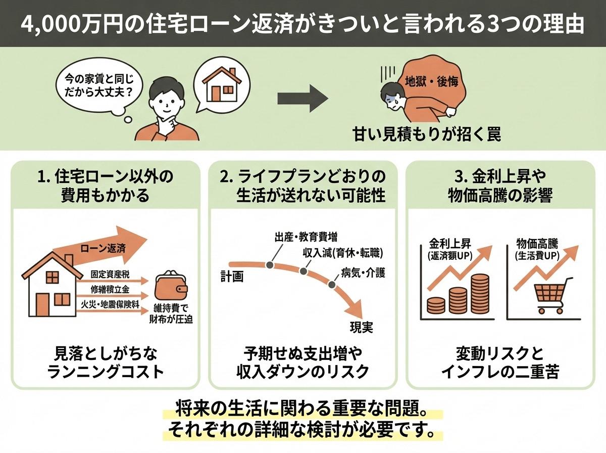 4,000万円の住宅ローン返済がきついと言われる3つの理由の図解
