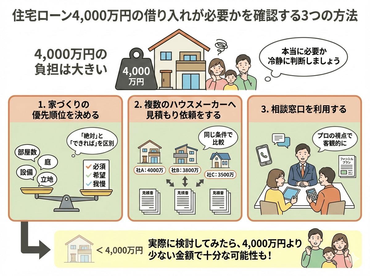 住宅ローン4,000万円の借り入れが必要かを確認する3つの方法の図解
