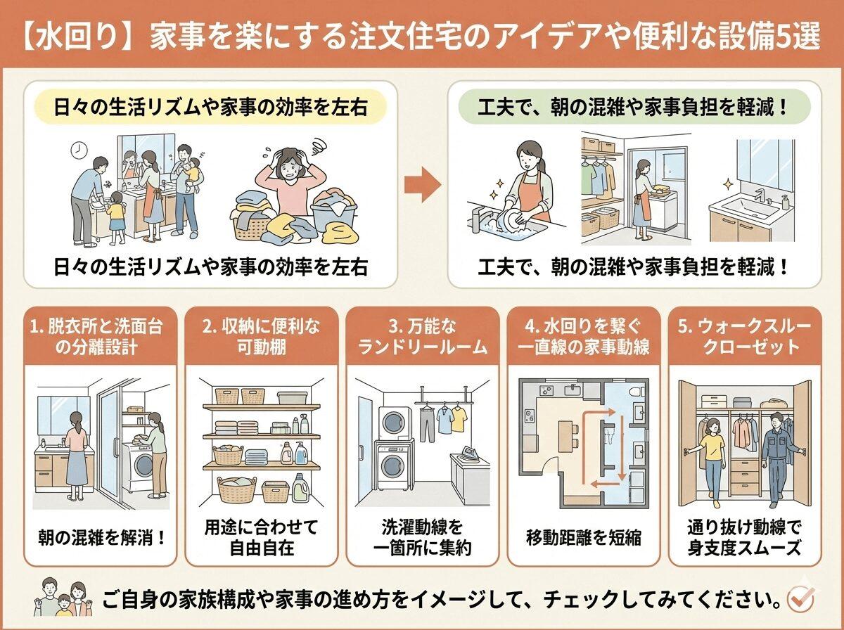 【水回り】家事を楽にする注文住宅のアイデアや便利な設備5選の図解