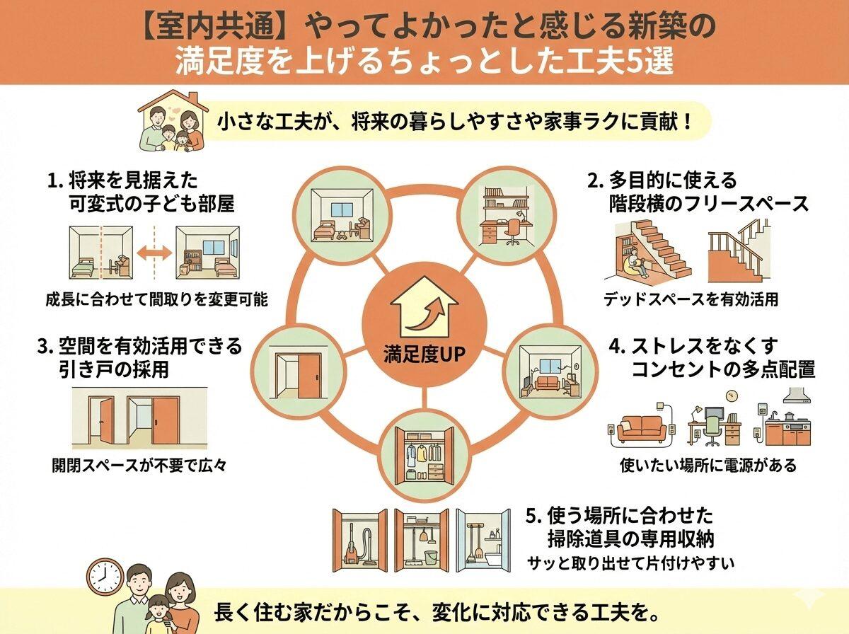 【室内共通】やってよかったと感じる新築の満足度を上げるちょっとした工夫5選の図解