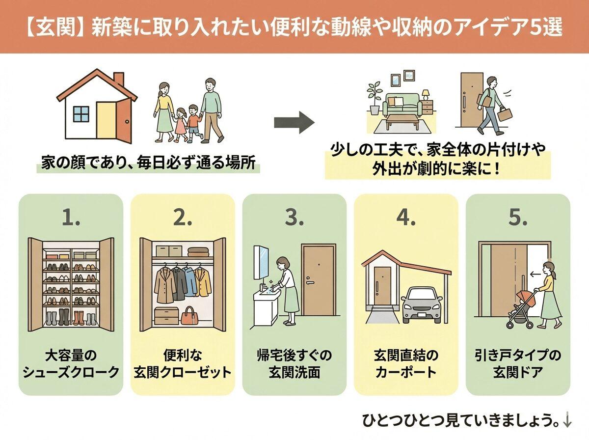 【玄関】新築に取り入れたい便利な動線や収納のアイデア5選の図解