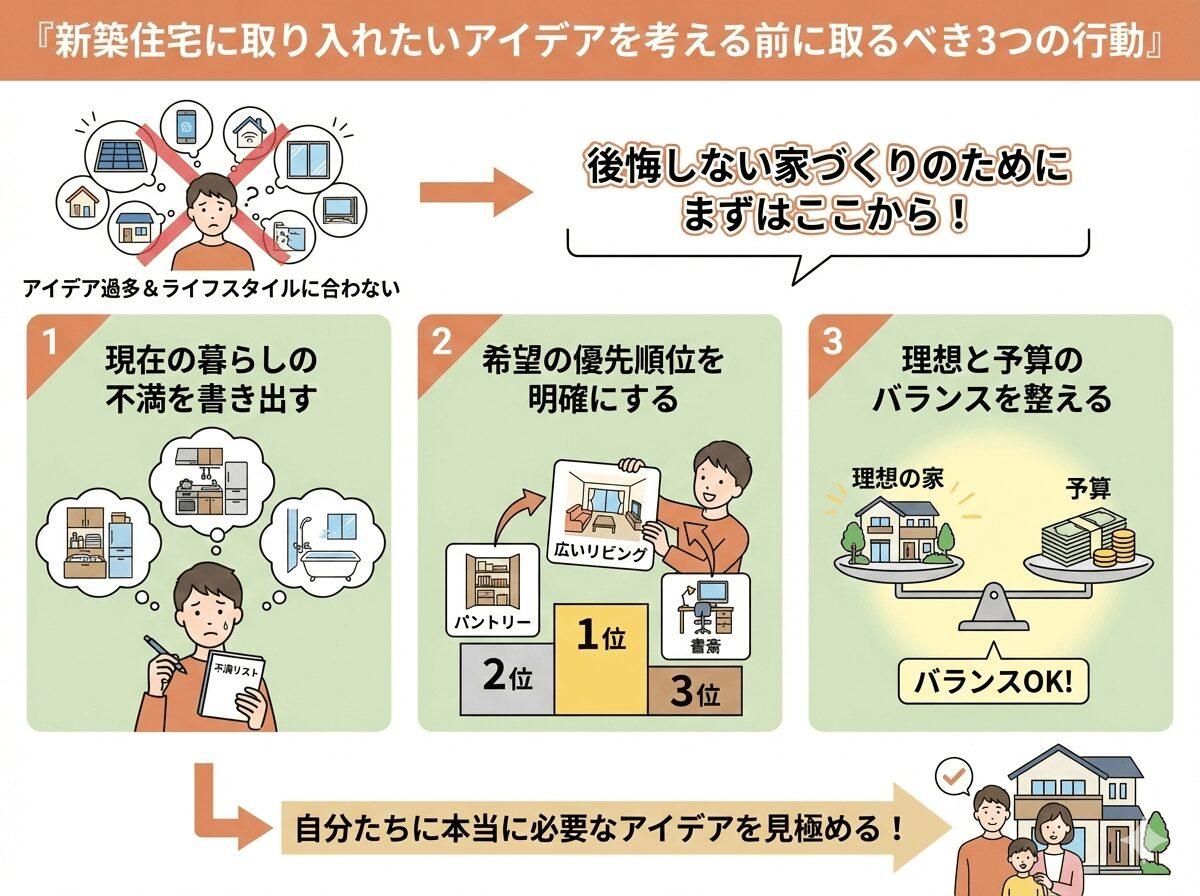 新築住宅に取り入れたいアイデアを考える前に取るべき3つの行動の図解