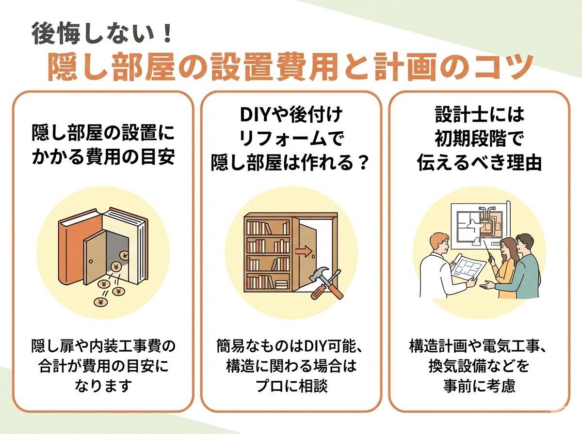 後悔しない！新築の家の隠し部屋の設置費用と計画のコツの図解