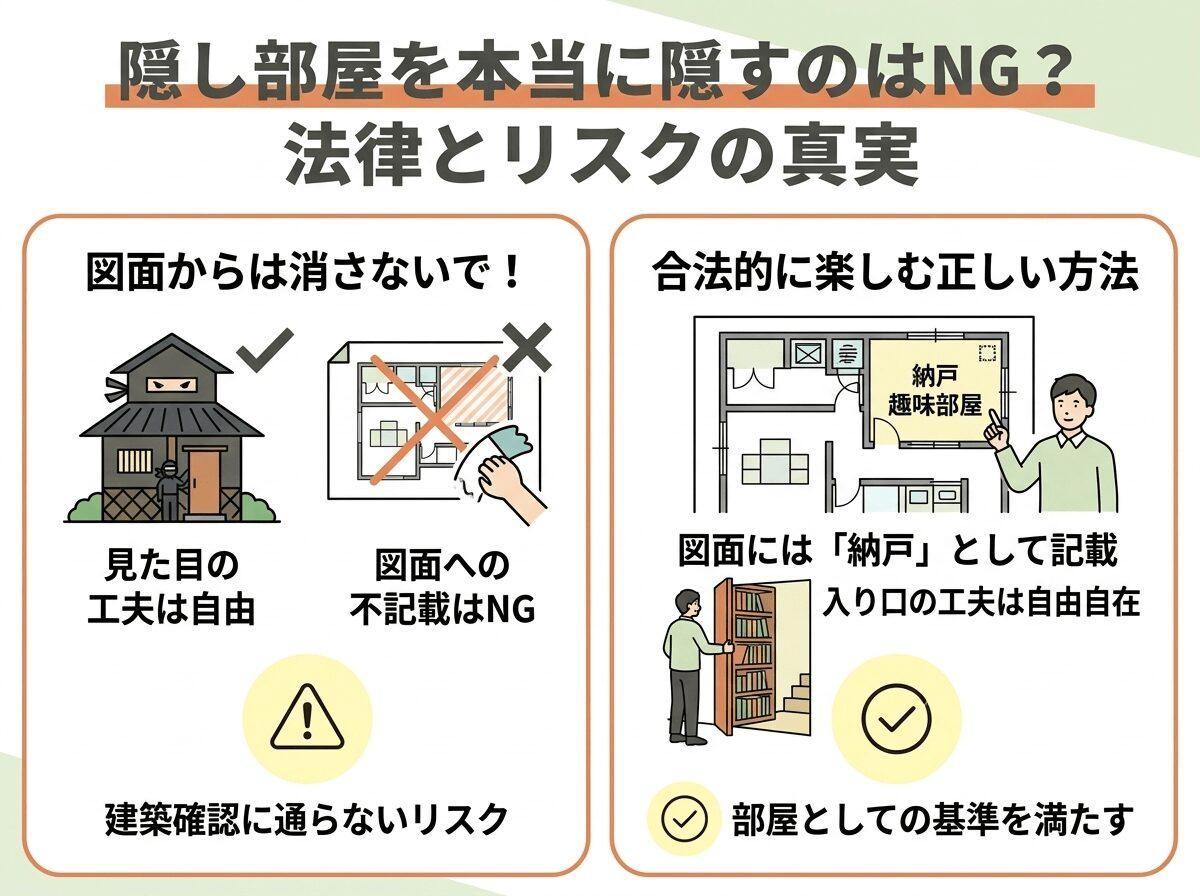 注文住宅で隠し部屋を本当に隠すのはNG？法律とリスクの真実の図解