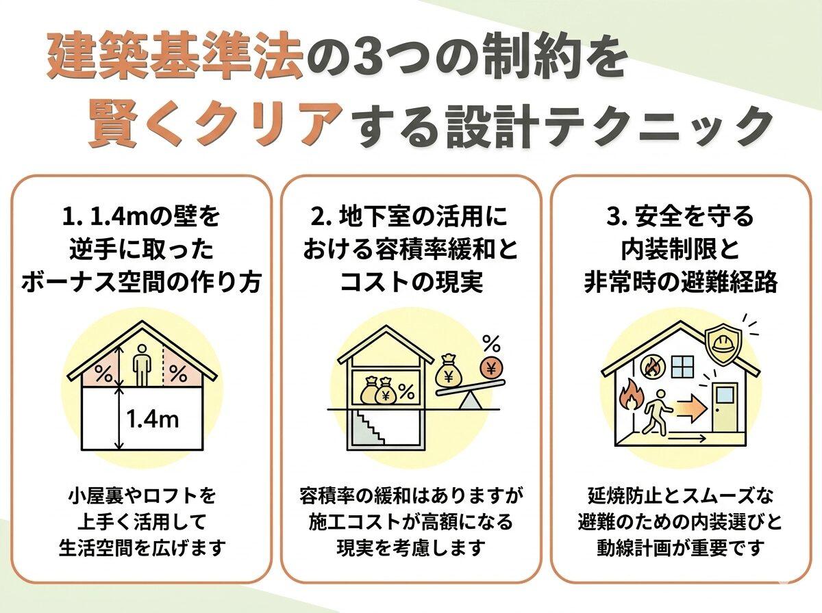 建築基準法の3つの制約を賢くクリアする設計テクニックの図解