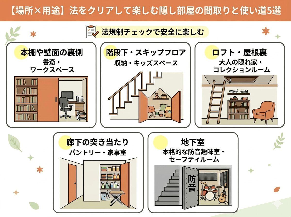【場所×用途】法をクリアして楽しむ隠し部屋の間取りと使い道5選の図解