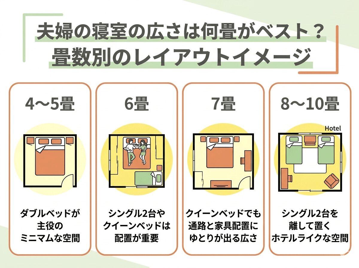 夫婦の寝室の広さは何畳がベスト？畳数別のレイアウトイメージの図解