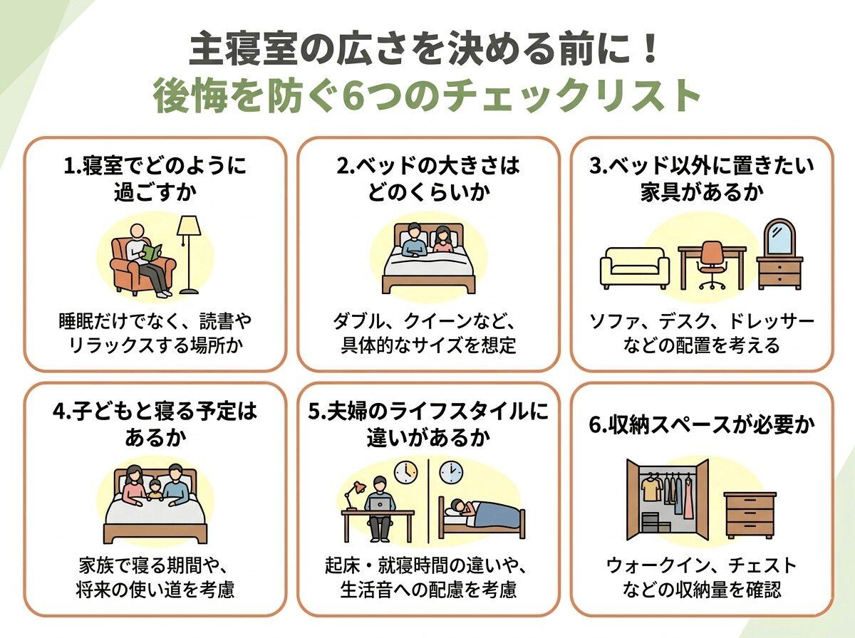 主寝室の広さを決める前に！後悔を防ぐ6つのチェックリストの図解