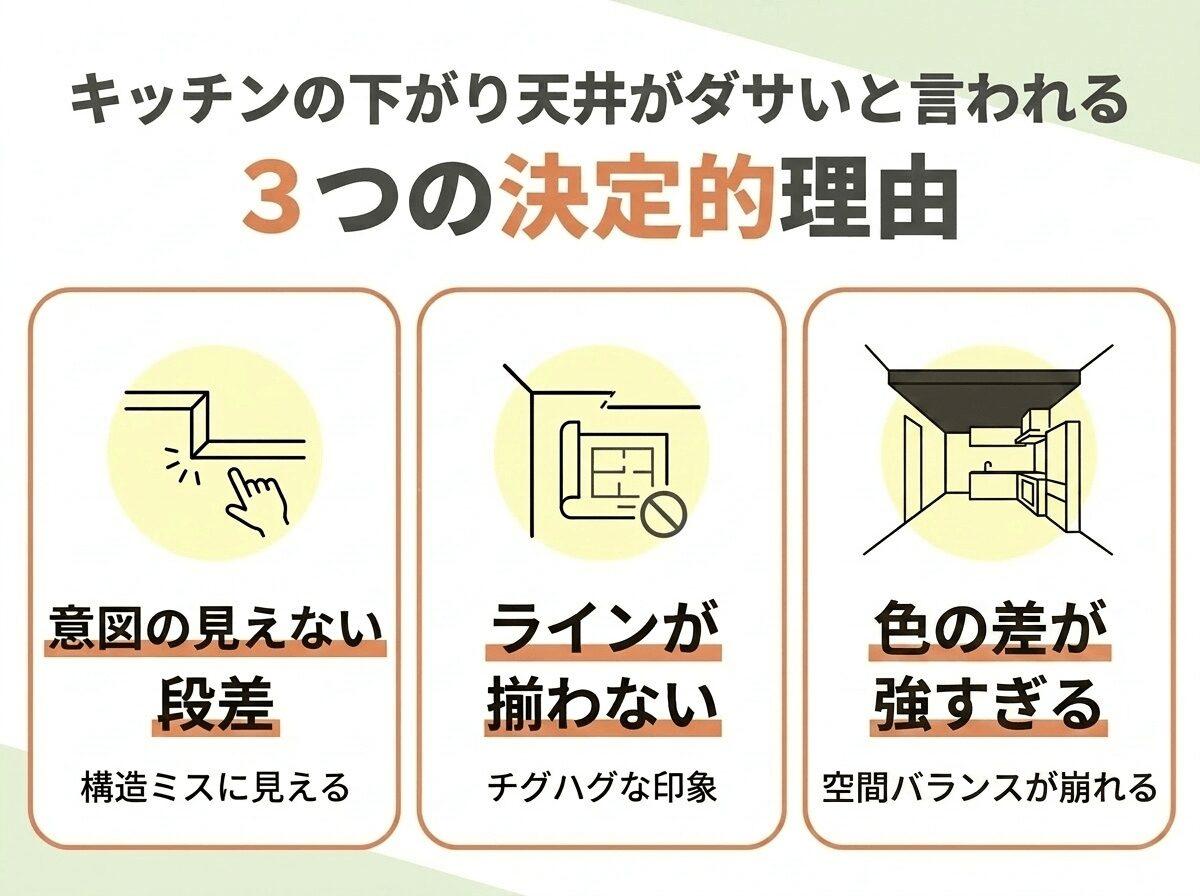 キッチンの下がり天井がダサいと言われる3つの決定的理由の図解