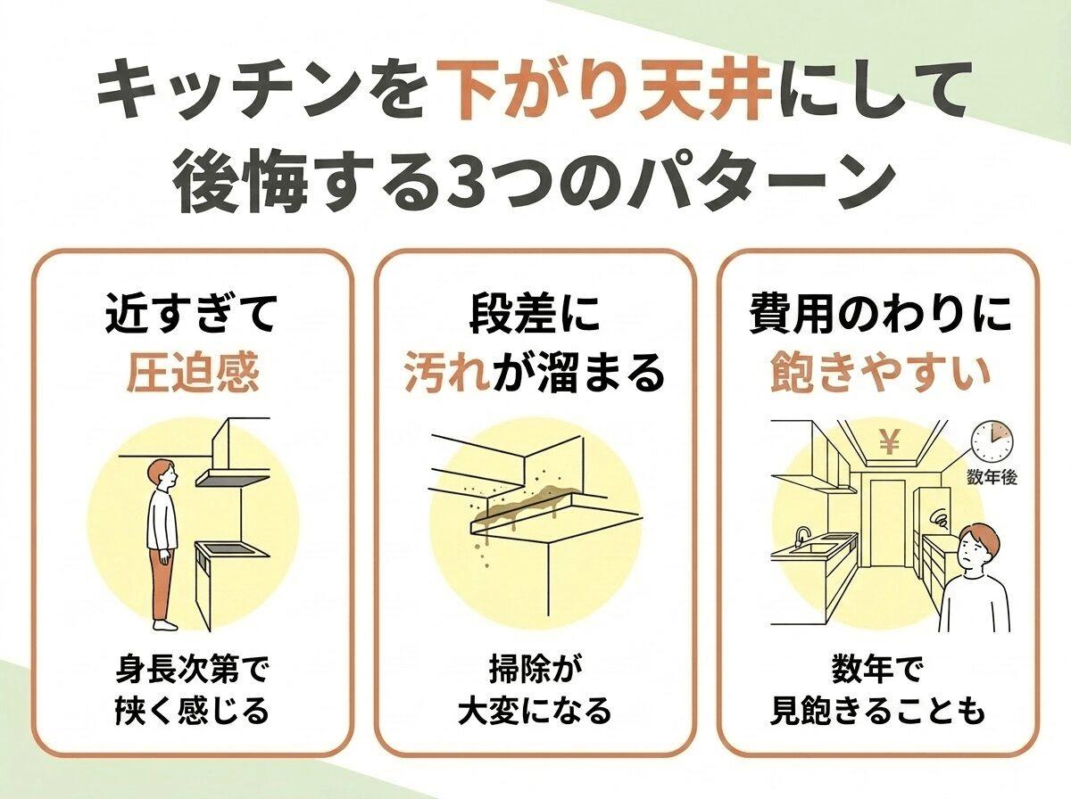 キッチンを下がり天井にして後悔する3つのパターンの図解