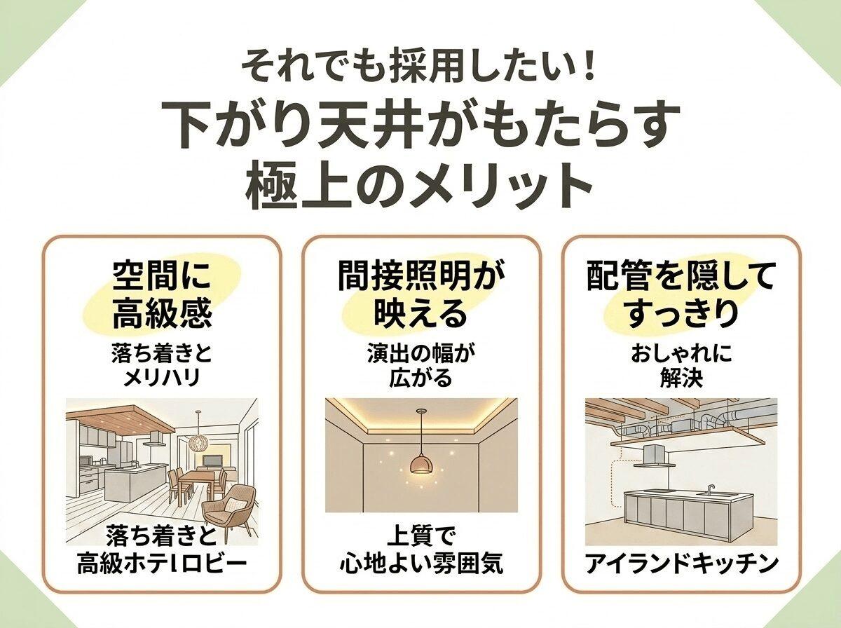 それでも採用したい!下がり天井がもたらす極上のメリットの図解