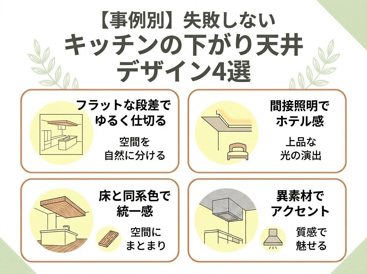 【事例別】失敗しないキッチンの下がり天井デザイン4選の図解