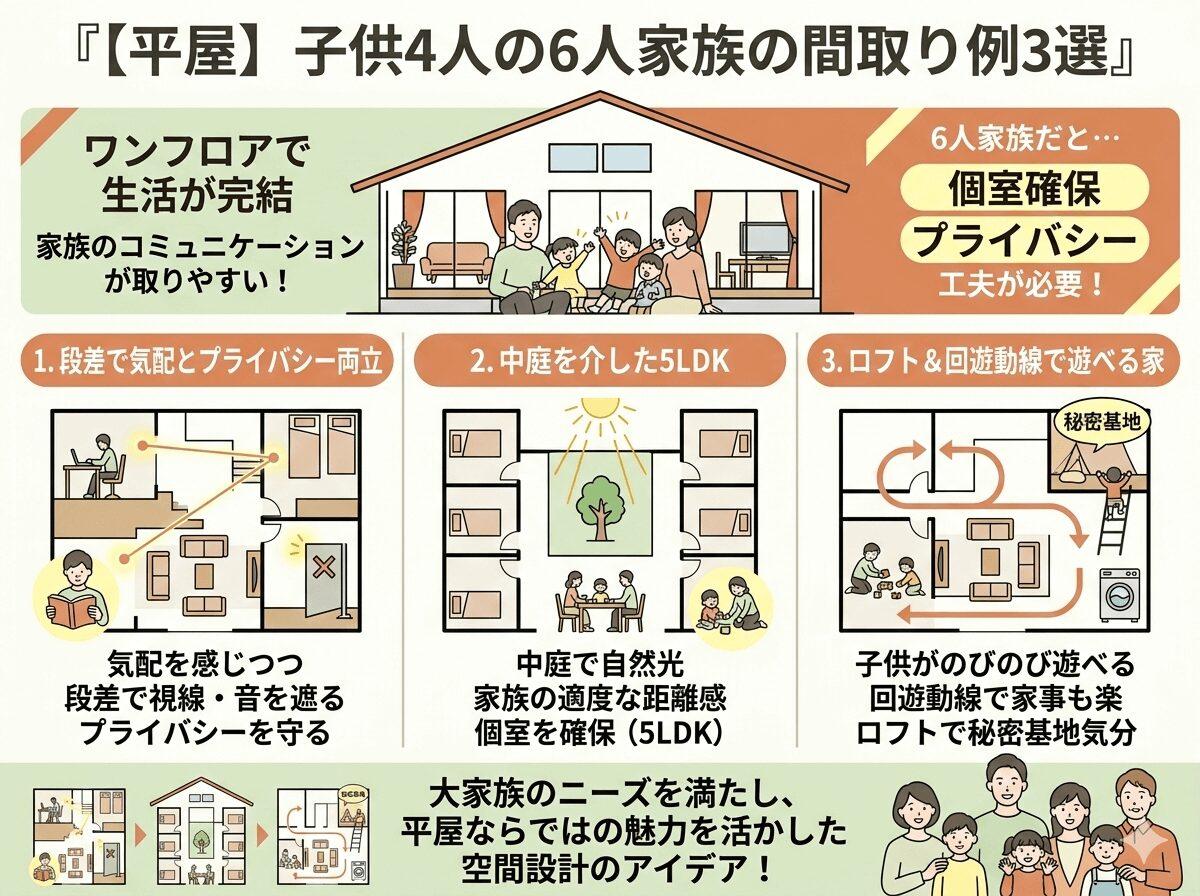【平屋】子供4人の6人家族の間取り例3選の図解