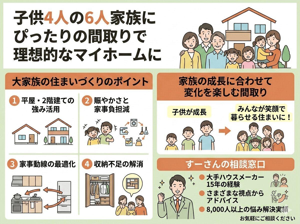 6人家族にぴったりの間取りで理想的なマイホームにの図解
