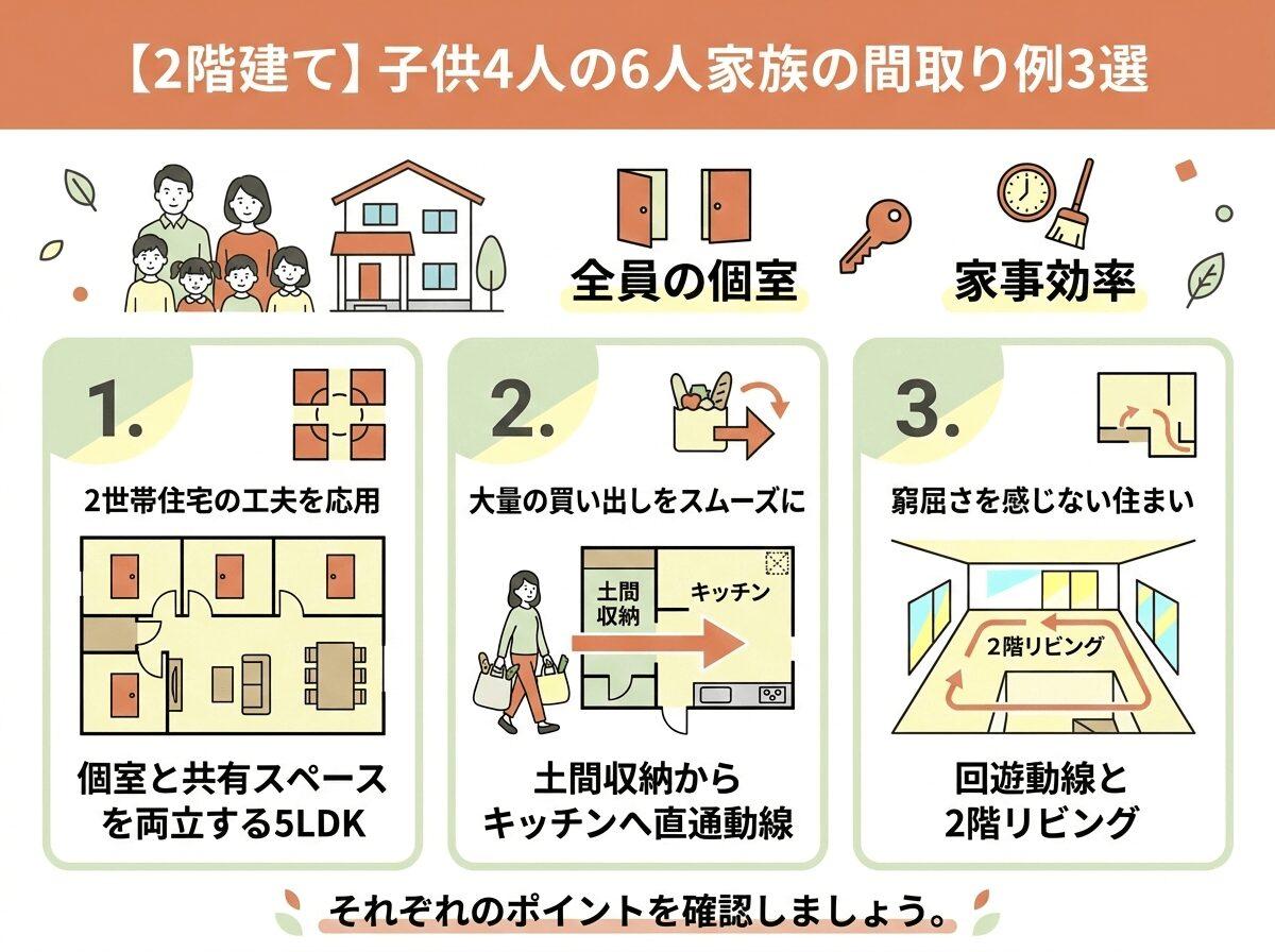 【2階建て】子供4人の6人家族の間取り例3選の図解