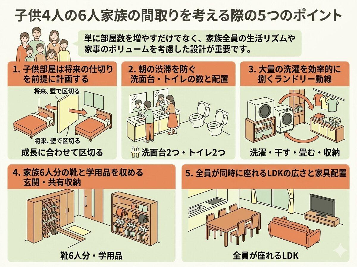 子供4人の6人家族の間取りを考える際の5つのポイントの図解