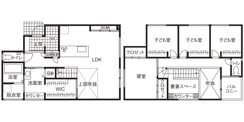 4LDKのスペースに影響しない中2階を活用した間取り