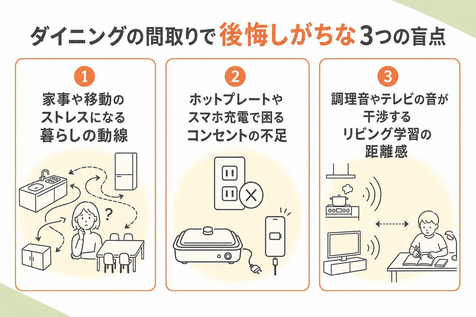 ダイニングの間取りで後悔しがちな3つの盲点の図解