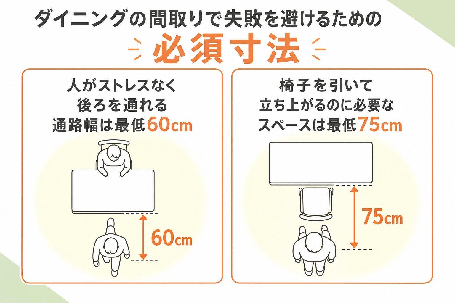 ダイニングの間取りで失敗を避けるための必須寸法の図解