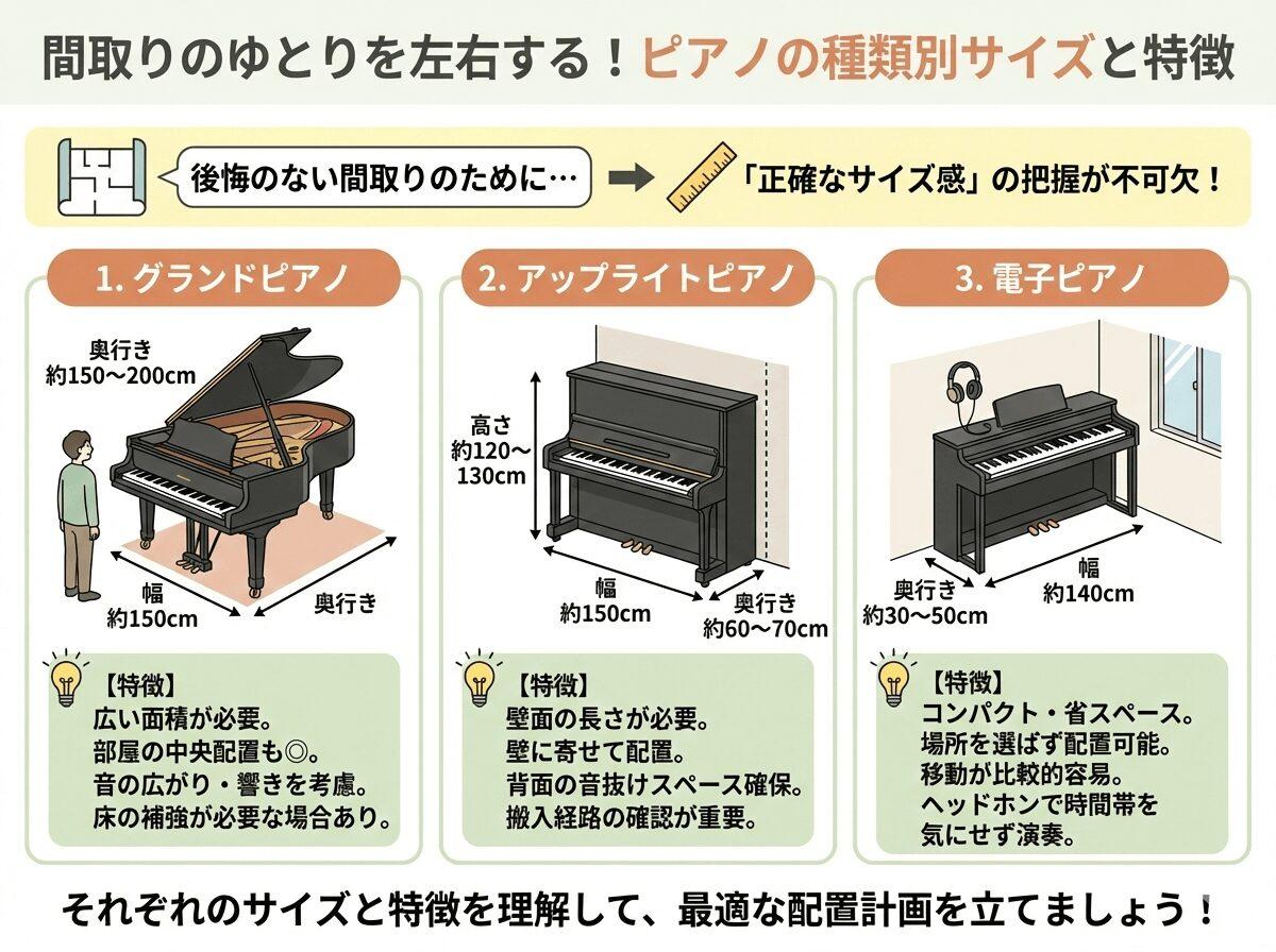 間取りのゆとりを左右する！ピアノの種類別サイズと特徴の図解