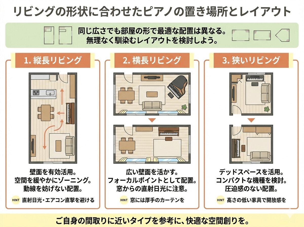 リビングの形状に合わせたピアノの置き場所とレイアウトの図解