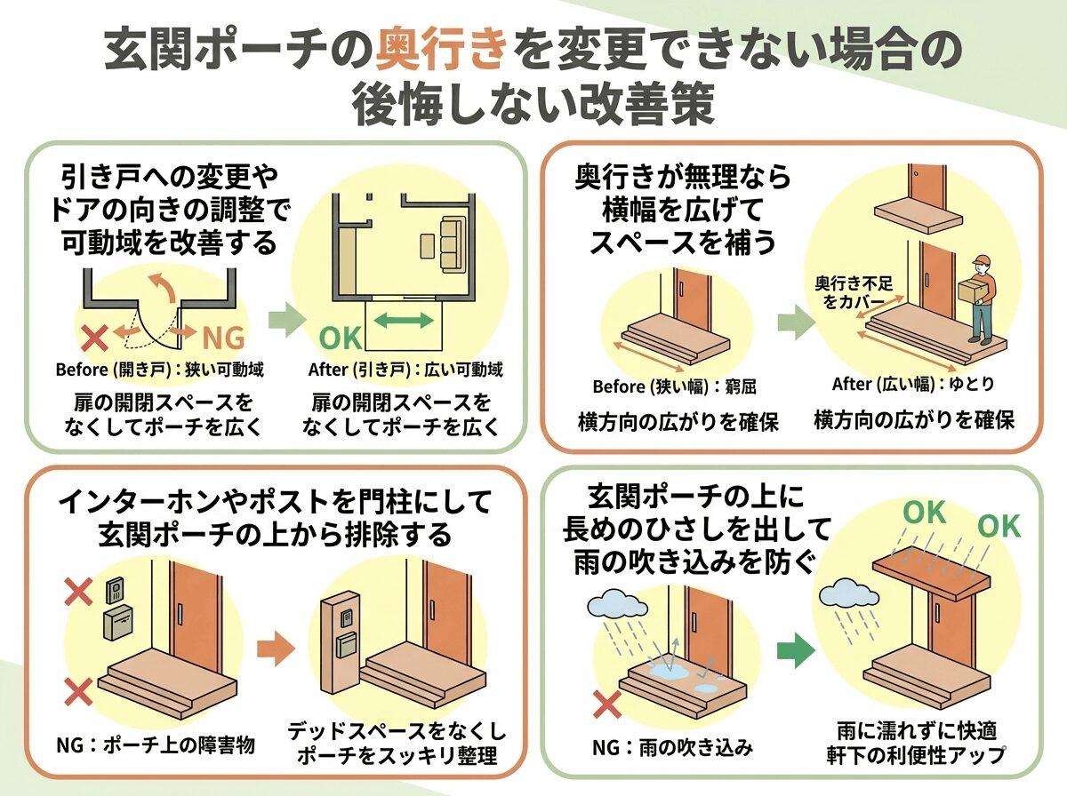 玄関ポーチの奥行きを変更できない場合の後悔しない改善策の図解