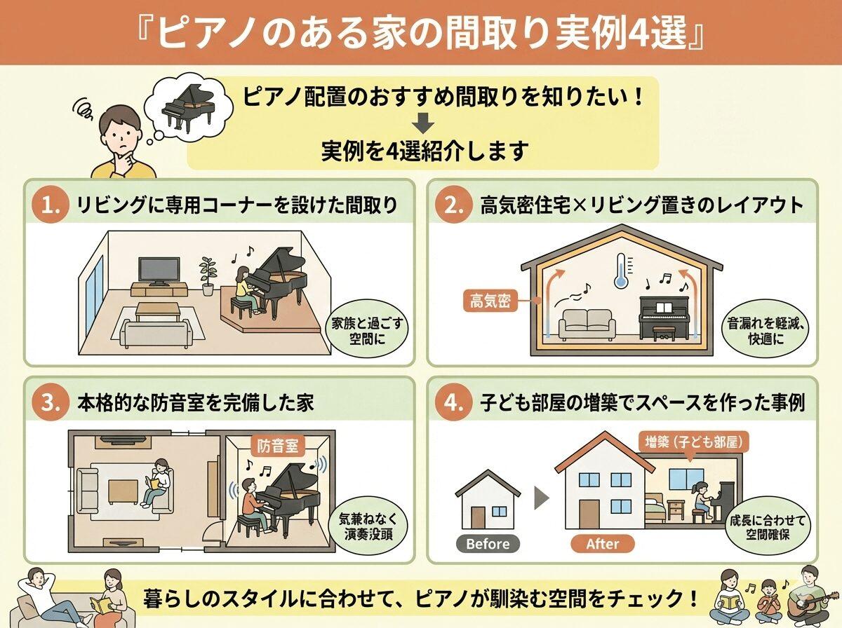 ピアノのある家の間取り実例4選の図解