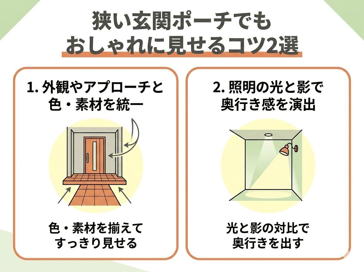 狭い玄関ポーチでもおしゃれに見せるコツ2選の図解