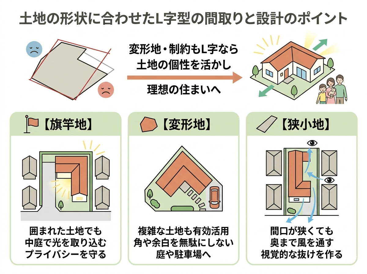 土地の形状に合わせたL字型の間取りと設計のポイントの図解