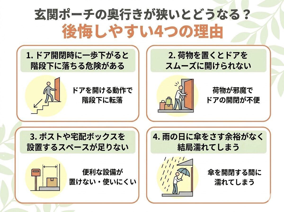 玄関ポーチの奥行きが狭いとどうなる?後悔しやすい4つの理由の図解