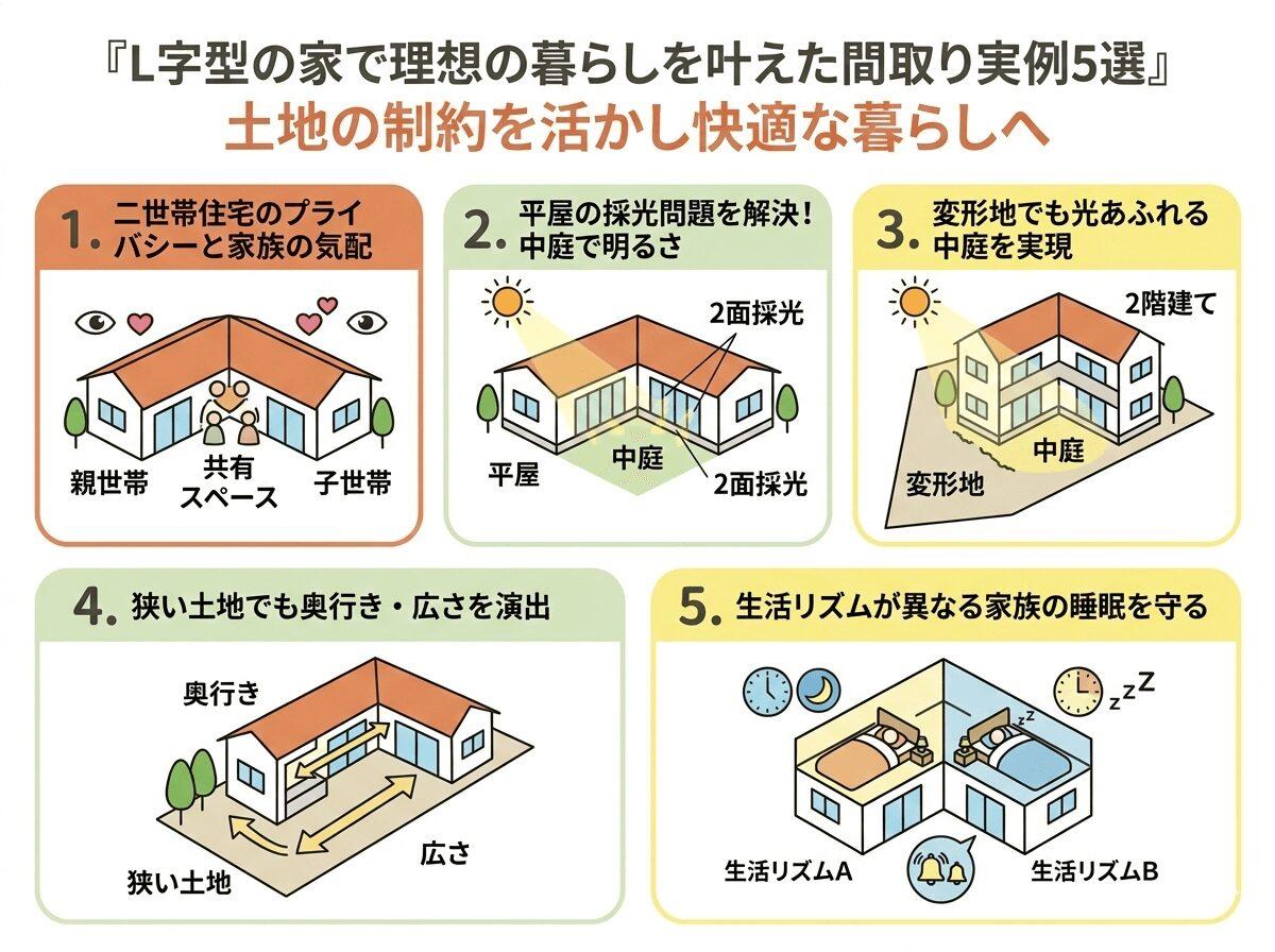 L字型の家で理想の暮らしを叶えた間取り実例5選の図解