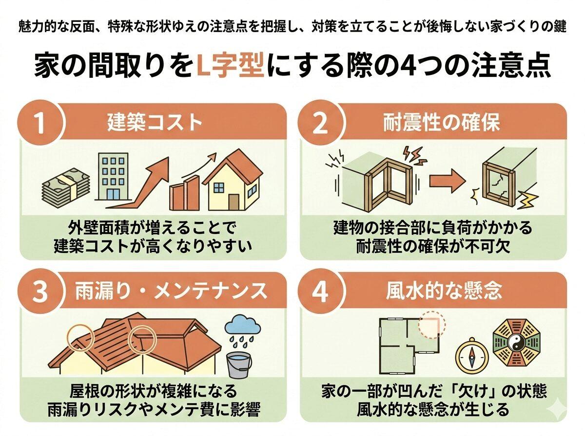 家の間取りをL字型にする際の4つの注意点の図解