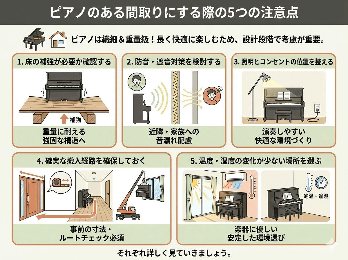 ピアノのある間取りにする際の5つの注意点の図解