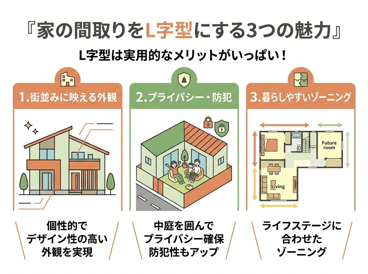 家の間取りをL字型にする3つの魅力の図解