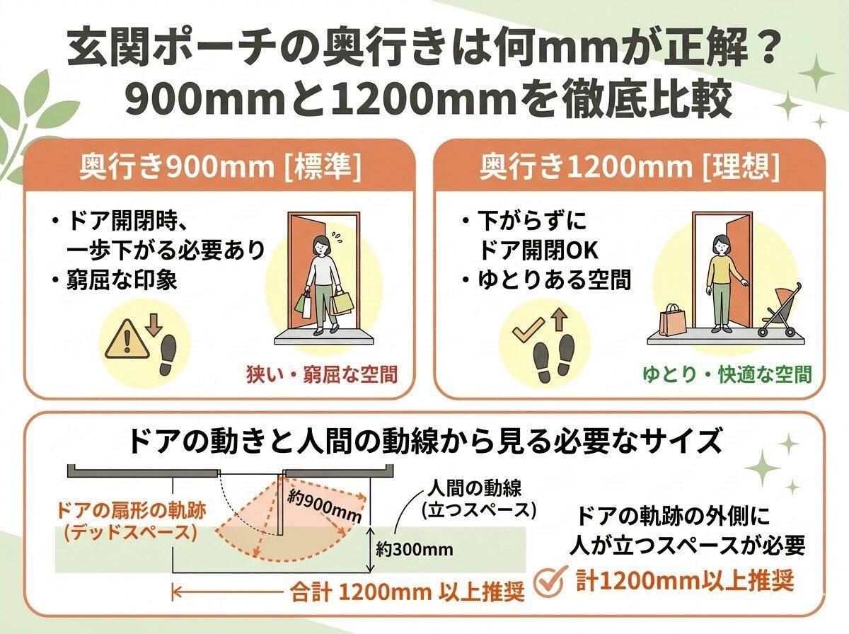 玄関ポーチの奥行きは何mmが正解?900mmと1200mmを徹底比較の図解