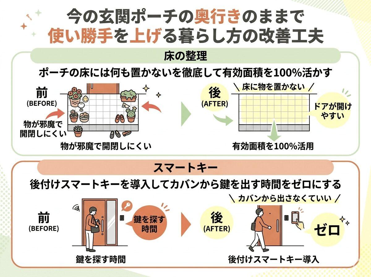 今の玄関ポーチの奥行きのままで使い勝手を上げる暮らし方の改善工夫の図解