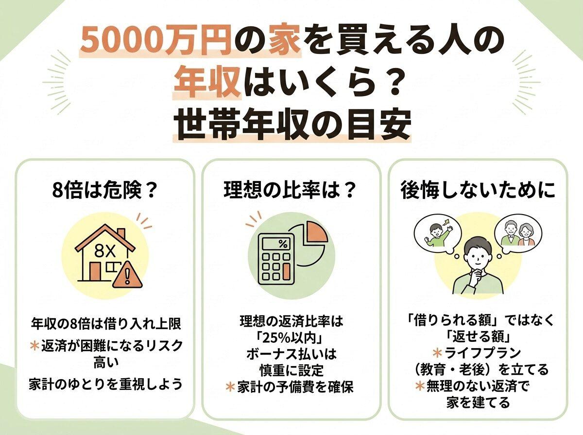 5000万円の家を買える人の年収はいくら?後悔しないための世帯年収の目安の図解
