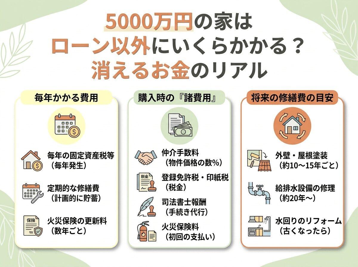 5000万円の家はローン以外にいくらかかる?維持費を含めた消えるお金のリアルの図解