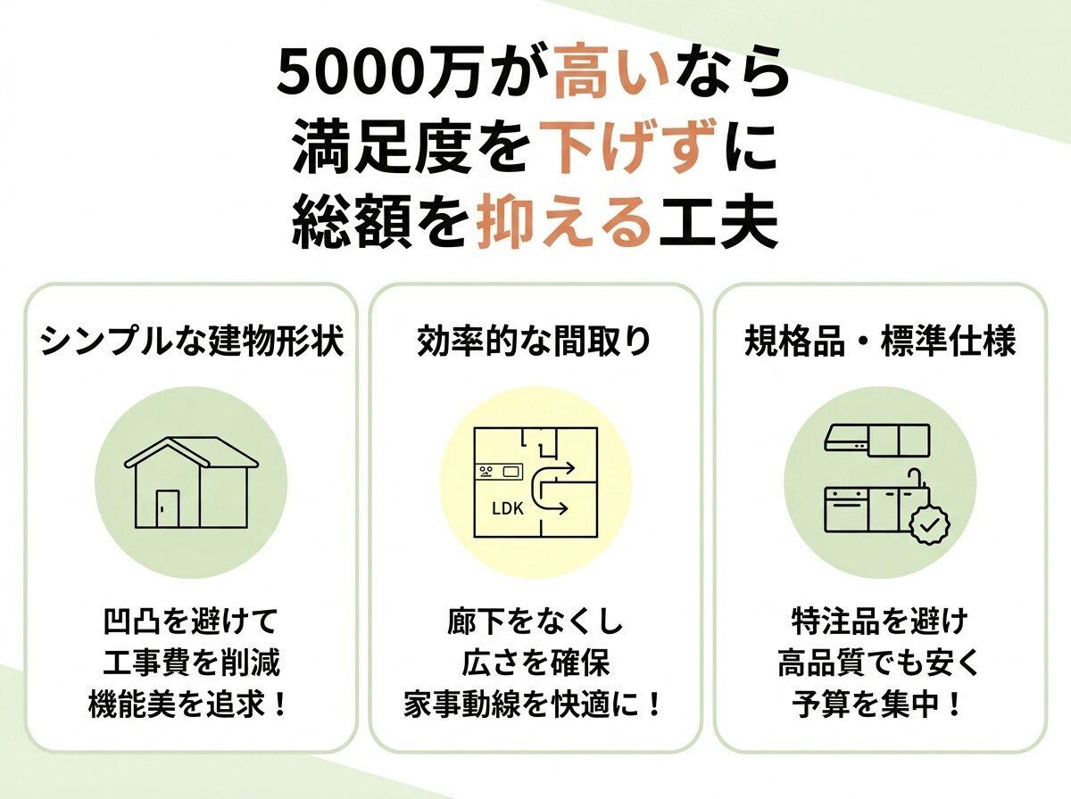 もし5000万円が高いと感じたら!満足度を下げずに総額を抑える工夫の図解