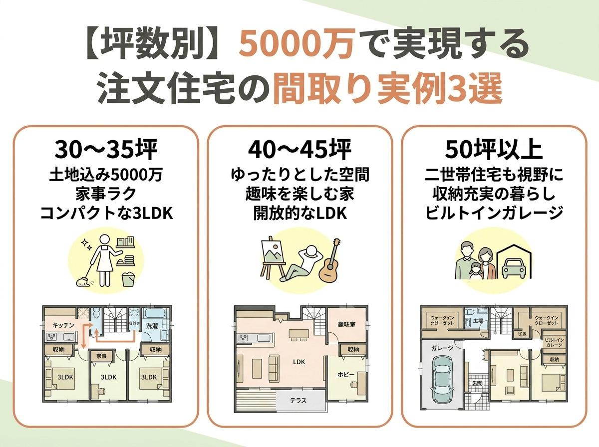 【坪数別】5000万で実現する注文住宅の間取り実例3選の図解