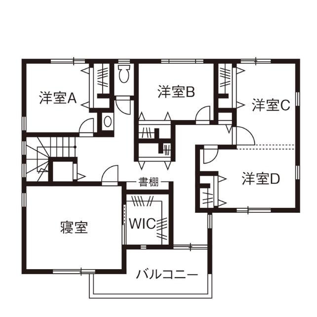 三昭堂 【愛知県/間取り図】LDKにスタディスペースを設けた、子ども4人の6人家族がお互いを感じるおしゃれな実例の間取り図(5K以上)2階