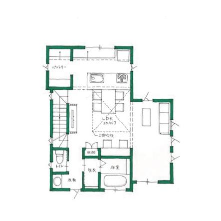 おいしいおうち 【2500万円/高低差ある土地/間取り有】約25坪の敷地を有効活用。外との繋がりも楽しめる開放感ある3階建ての間取り図(3LDK+フリースペース)2階