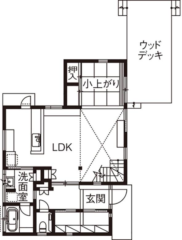 優建築工房 【30坪台/吹抜け/家事動線/間取り図】資料請求から12年越しの家探し。光と風に包まれる自然素材の住まいの間取り図(3LDK)1階