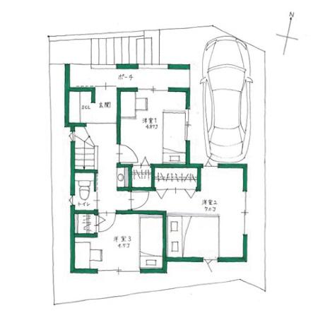 おいしいおうち 【2500万円/高低差ある土地/間取り有】約25坪の敷地を有効活用。外との繋がりも楽しめる開放感ある3階建ての間取り図(3LDK+フリースペース)1階