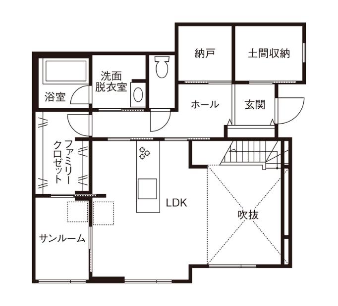 藍の家 【2400万円台/37.8坪/間取図あり】将来を見据えた開放感のある吹抜けリビングの住まいの間取り図(3LDK)1階