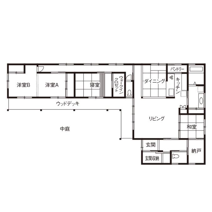大政建築 【岐阜/平屋/2000万円台/約40坪/和モダン/間取り図】L字型の間取り&ウッドデッキで平屋をより楽しく!の間取り図(3LDK)1階