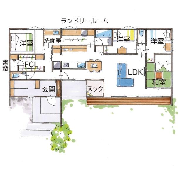 グランハウス 一級建築士事務所 【2000万円台/平屋/4LDK/間取り図】青の壁をすっと差した、北欧ナチュラルな平屋。まどろみのヌックも最高の間取り図(4LDK)1階