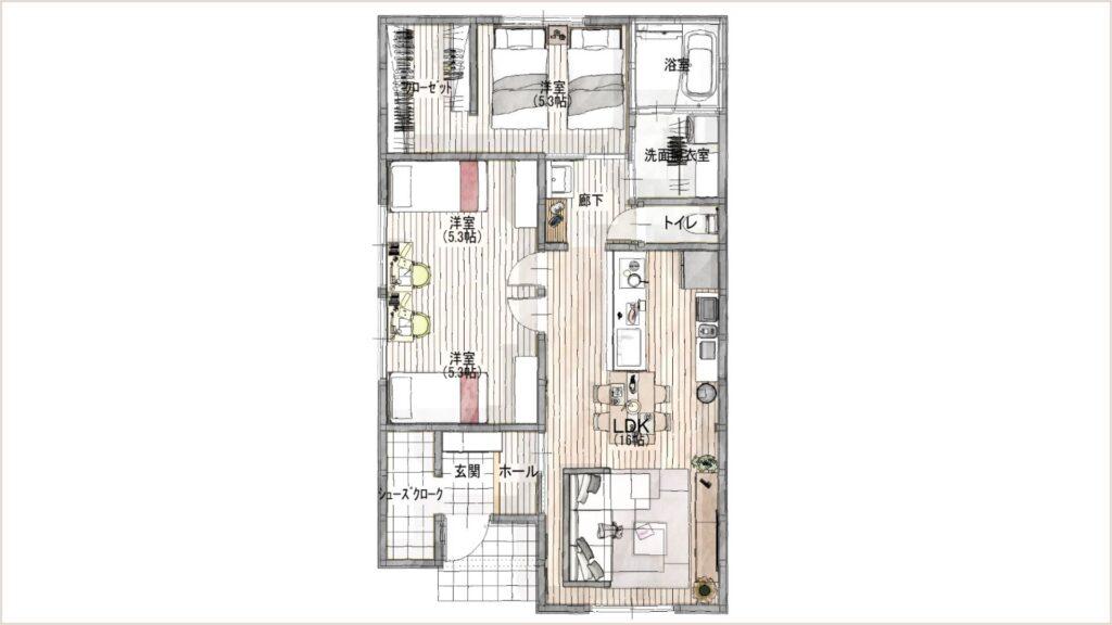 平屋3LDKの間取り図